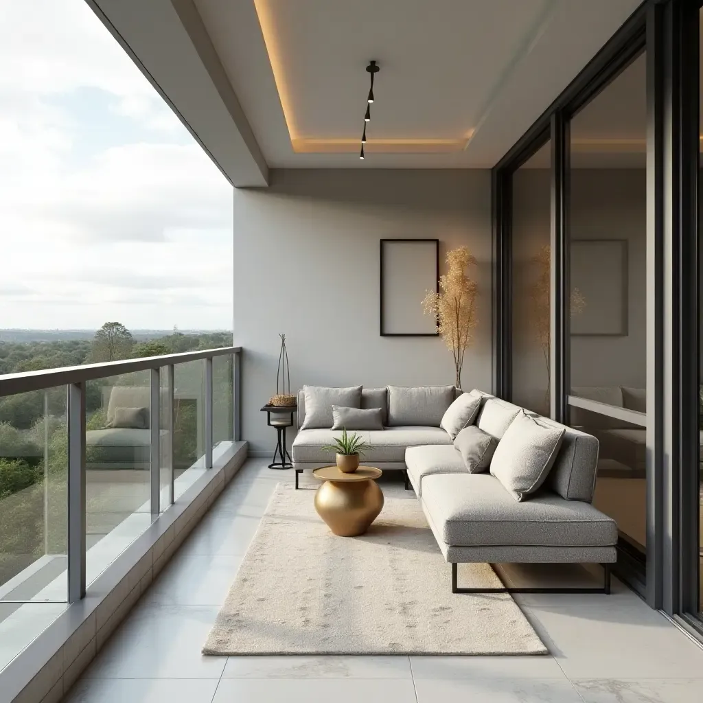 a photo of a minimalist balcony with sleek metallic decor elements