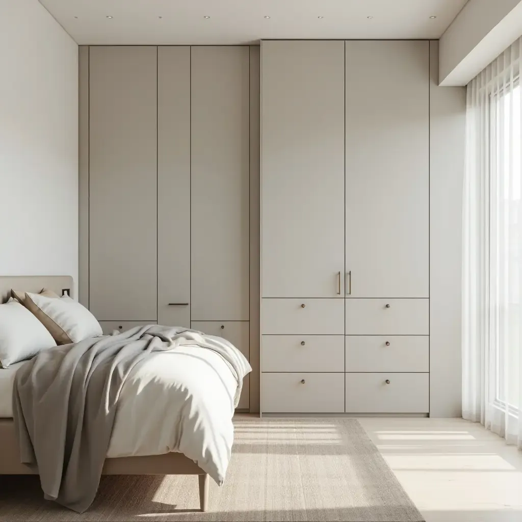 a photo of a minimalist bedroom with a sleek dresser and storage