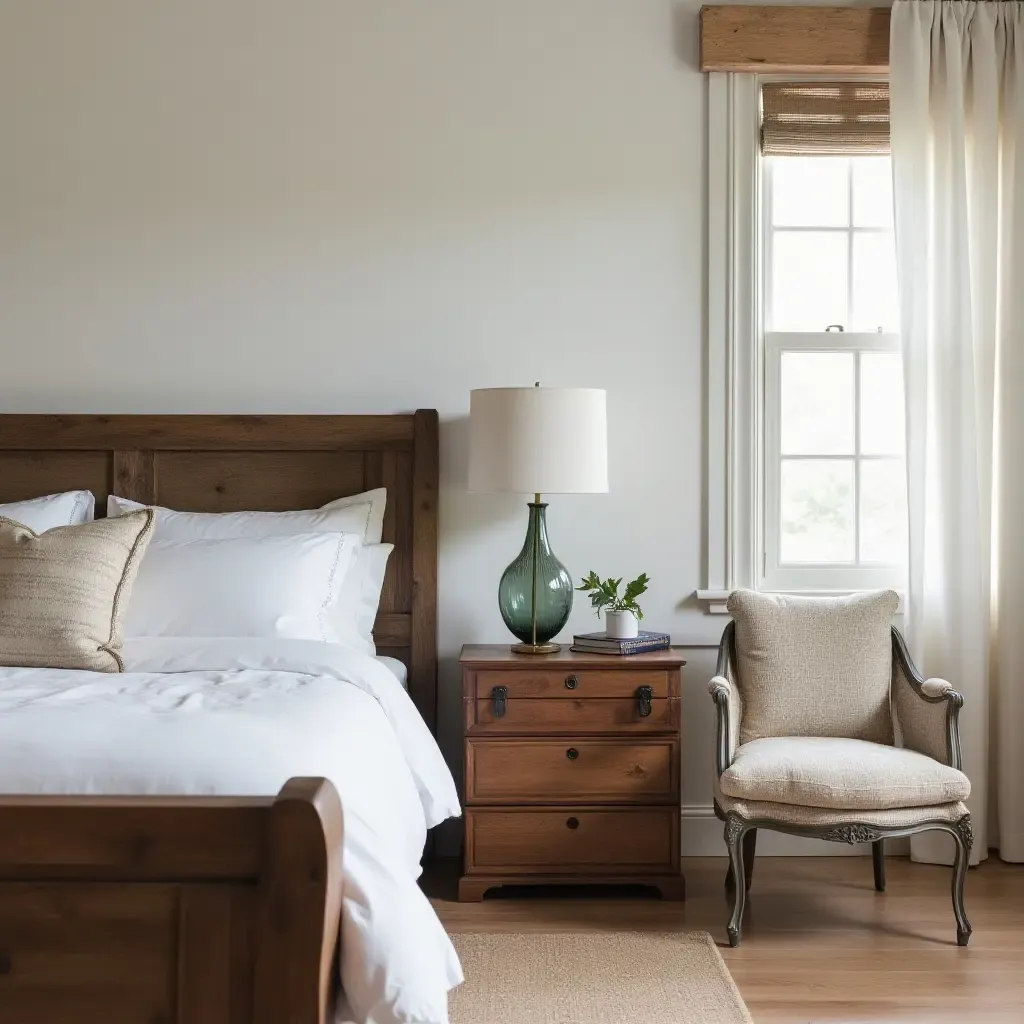 a photo of a farmhouse-style bedroom with a vintage trunk as a bedside table