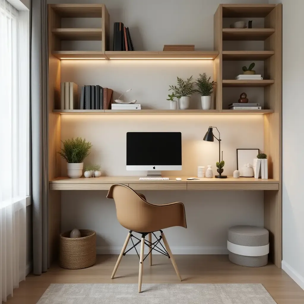 a photo of a wall-mounted desk with shelves in a small space