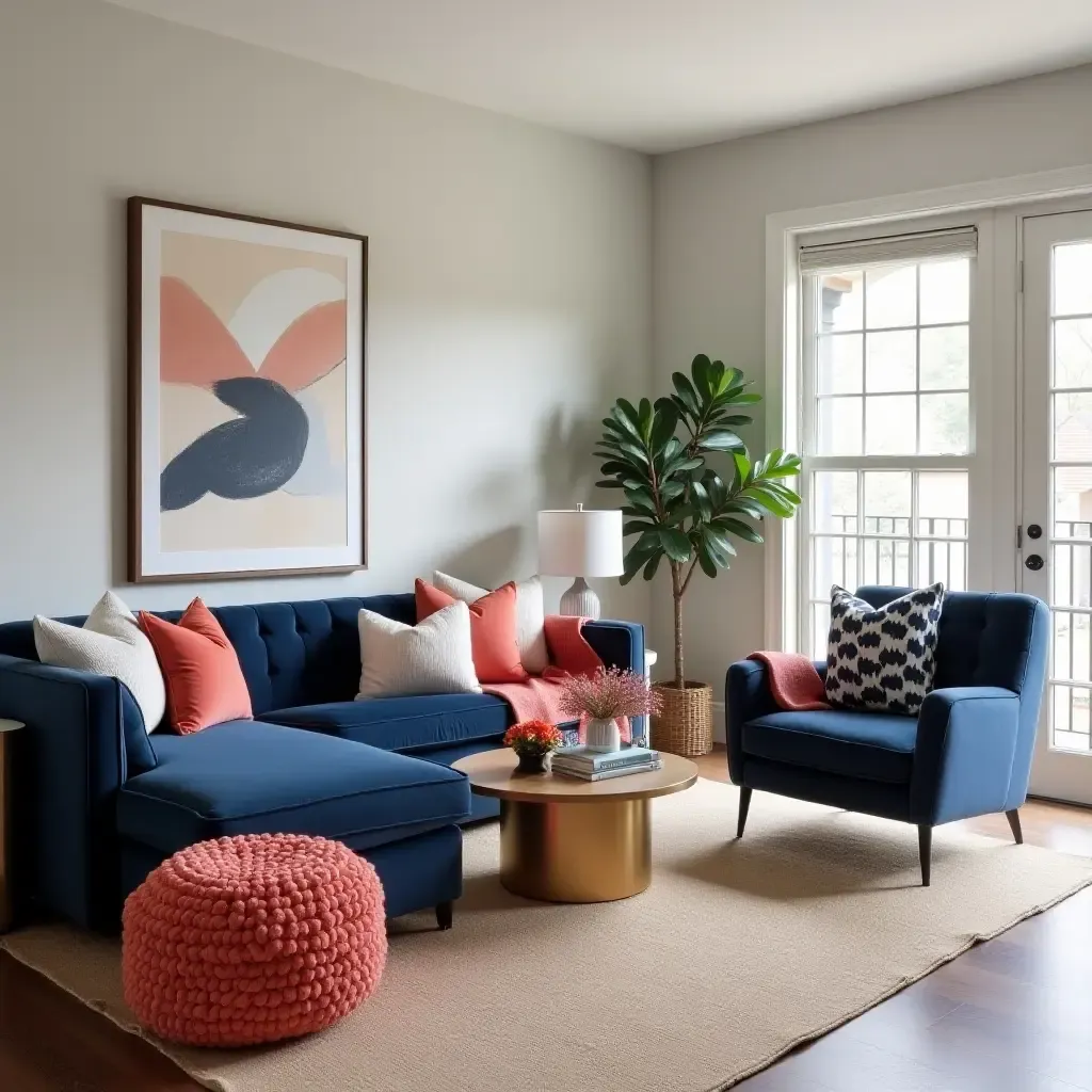 a photo of a cozy living room with navy blue and coral decor