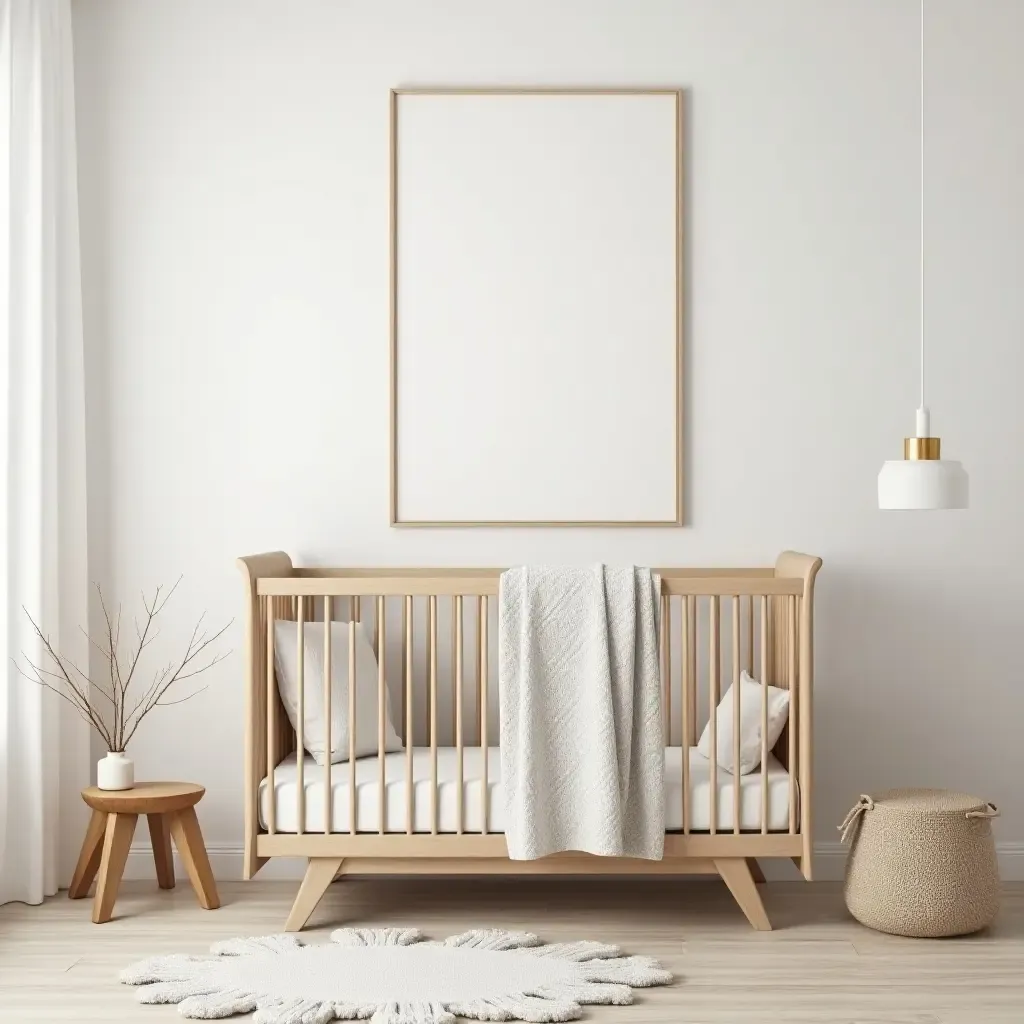 a photo of a balanced nursery featuring wood, fabric, and metal decor