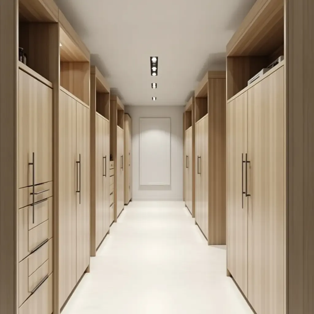 a photo of a functional corridor with a mix of open and closed cabinets