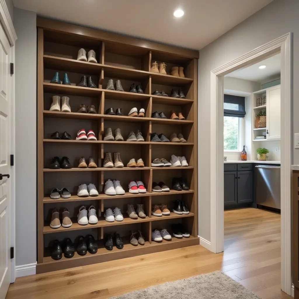 a photo of a basement with a creative shoe rack solution