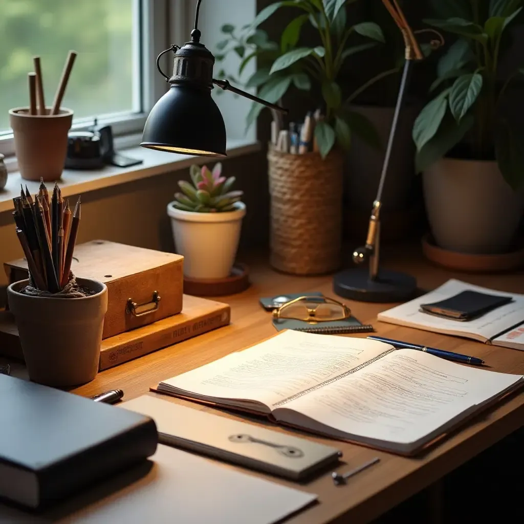 a photo of a desk cluttered with industrial-themed stationery