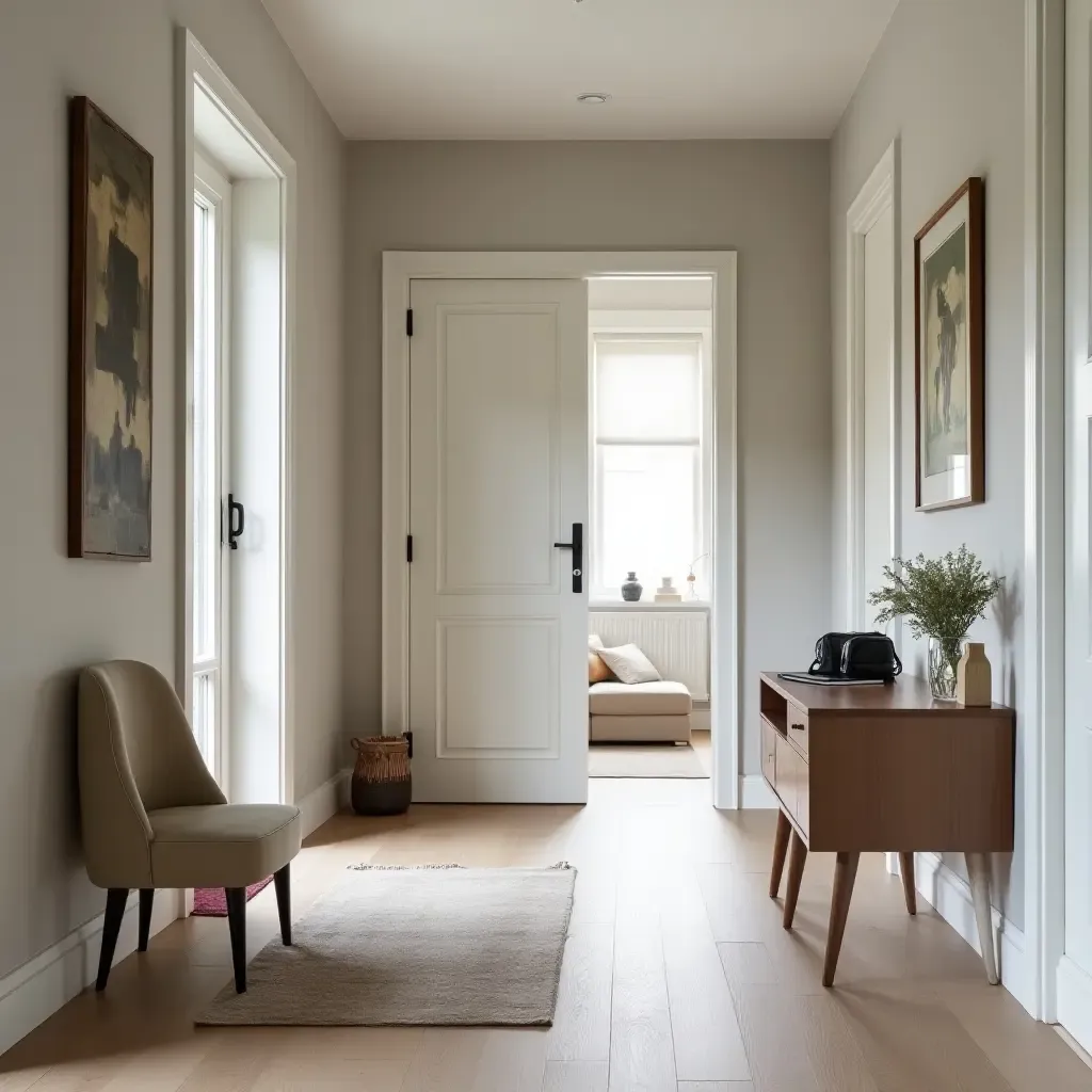 a photo of a functional entrance hall with a small desk and charging station