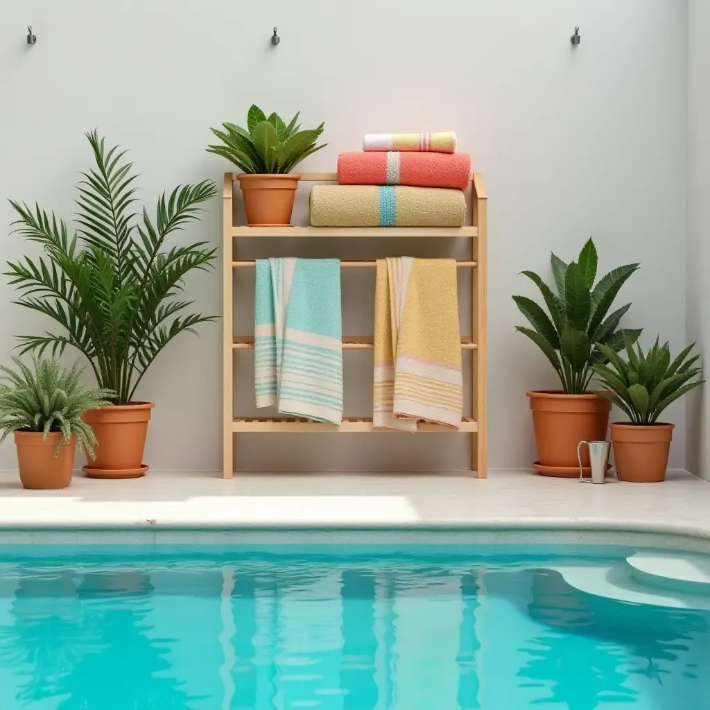 a photo of a stylish poolside shelf with colorful towels and decorative plants