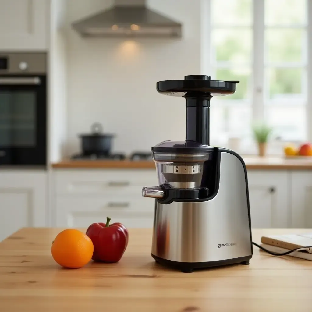 a photo of a classic juicer set against modern appliances