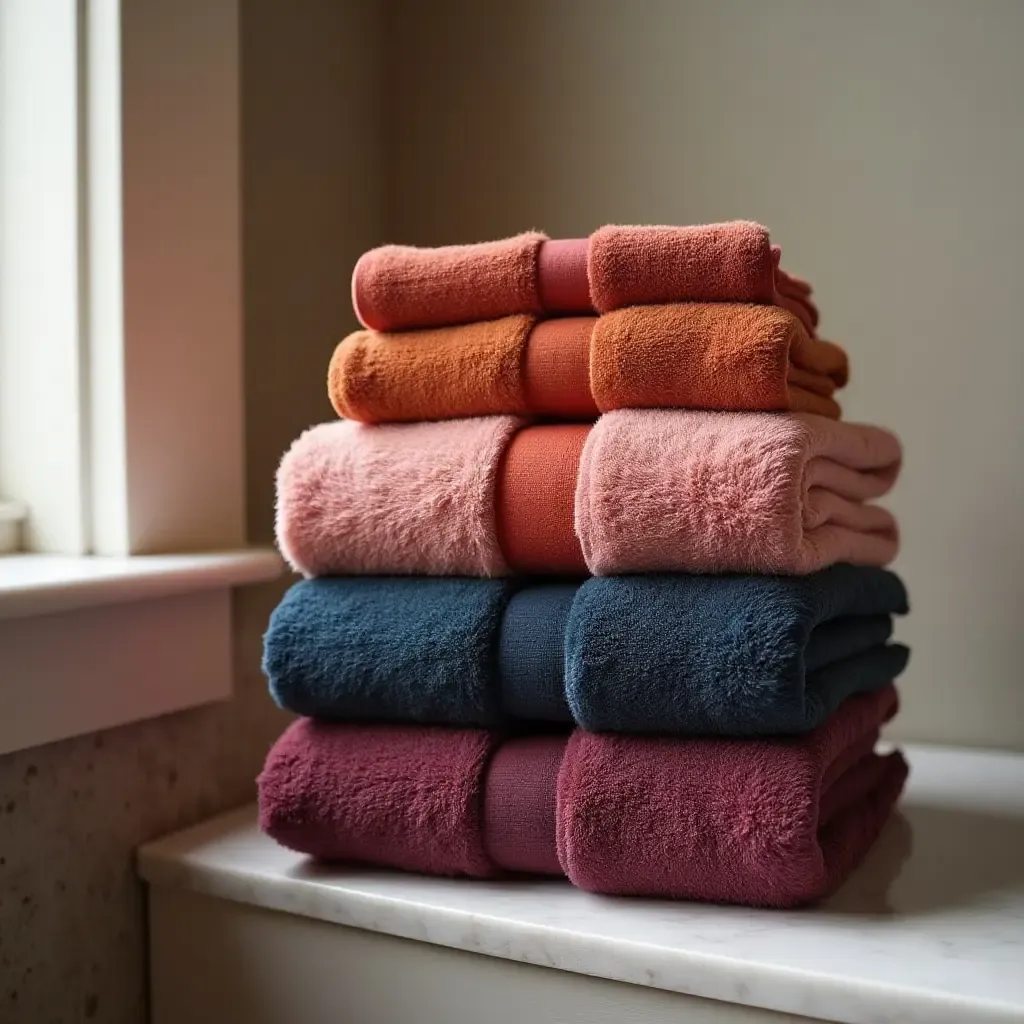 a photo of towels in rich jewel tones elevating bathroom aesthetics