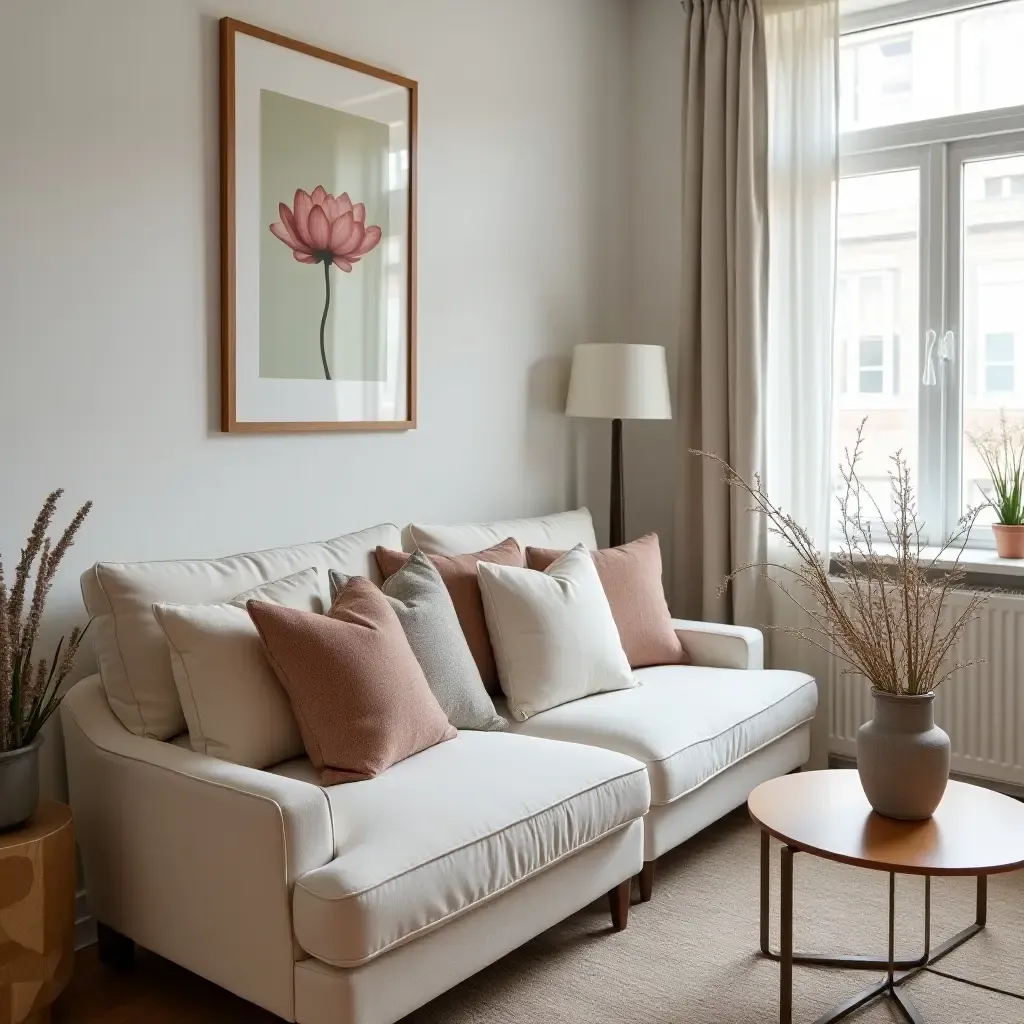 a photo of a stylish apartment with throw pillows that match the decor theme