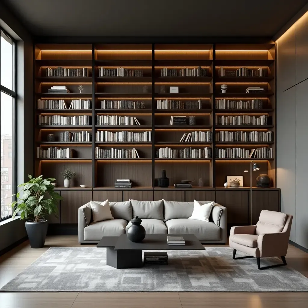 a photo of a sleek urban library with glass shelving units