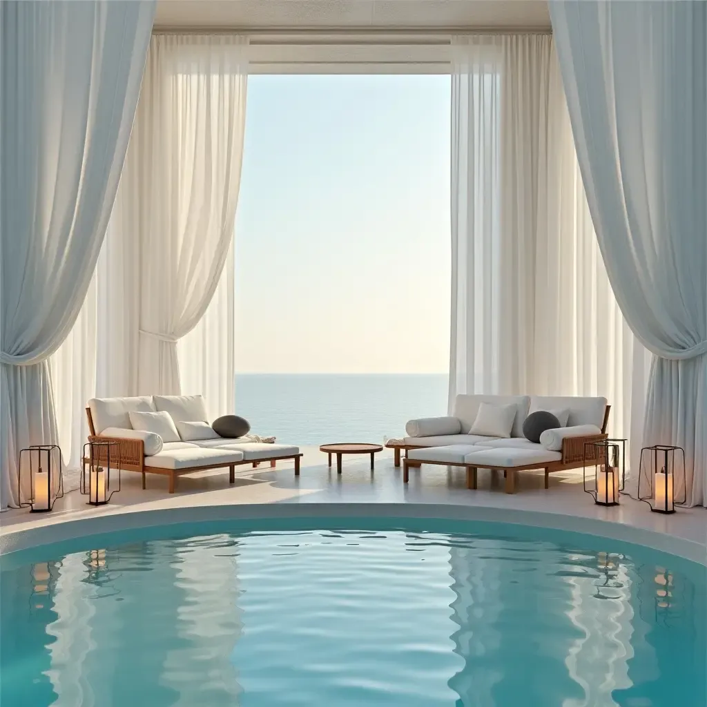 a photo of an elegant lounge area by the pool with white drapes and lanterns