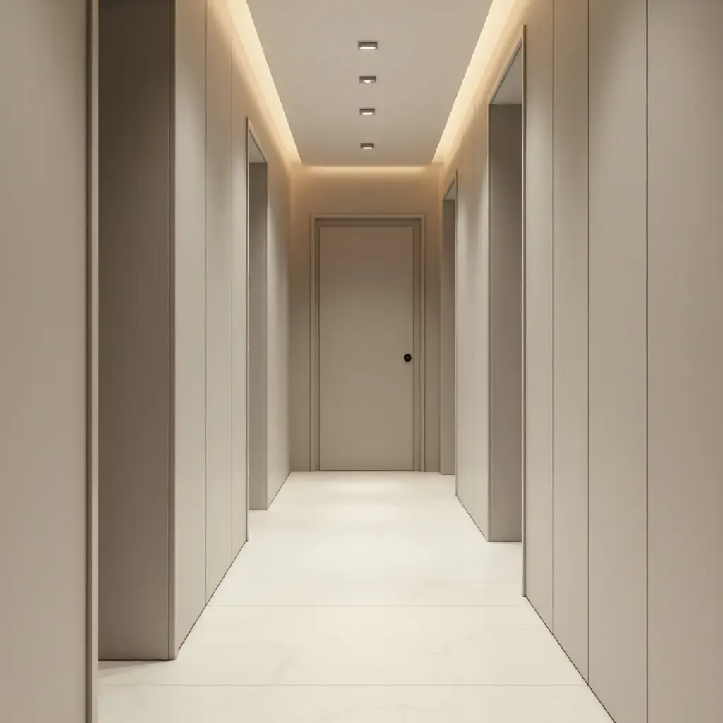 a photo of a minimalist corridor featuring sleek lines and neutral color palettes