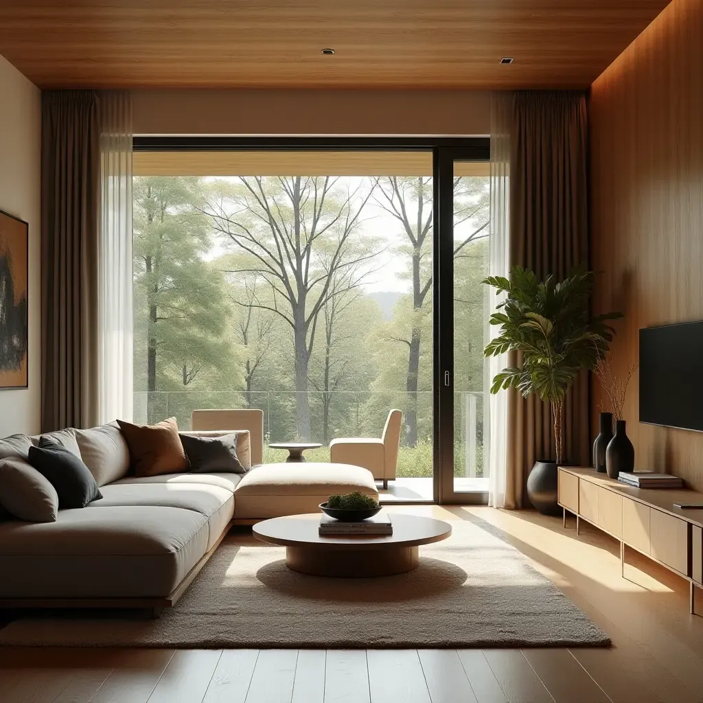 a photo of a living room featuring wooden elements and a large window view