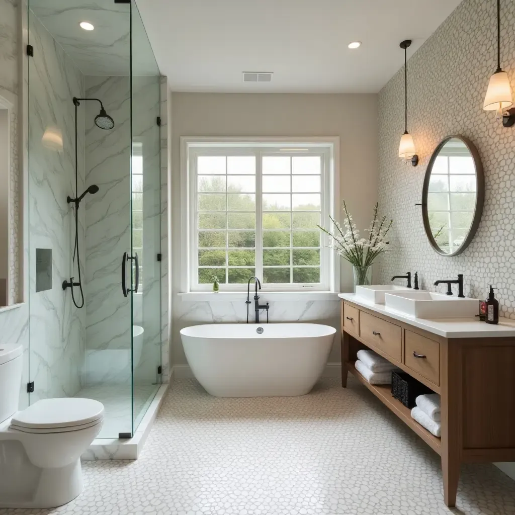 a photo of a luxurious bathroom blending vintage tiles with modern glass accents