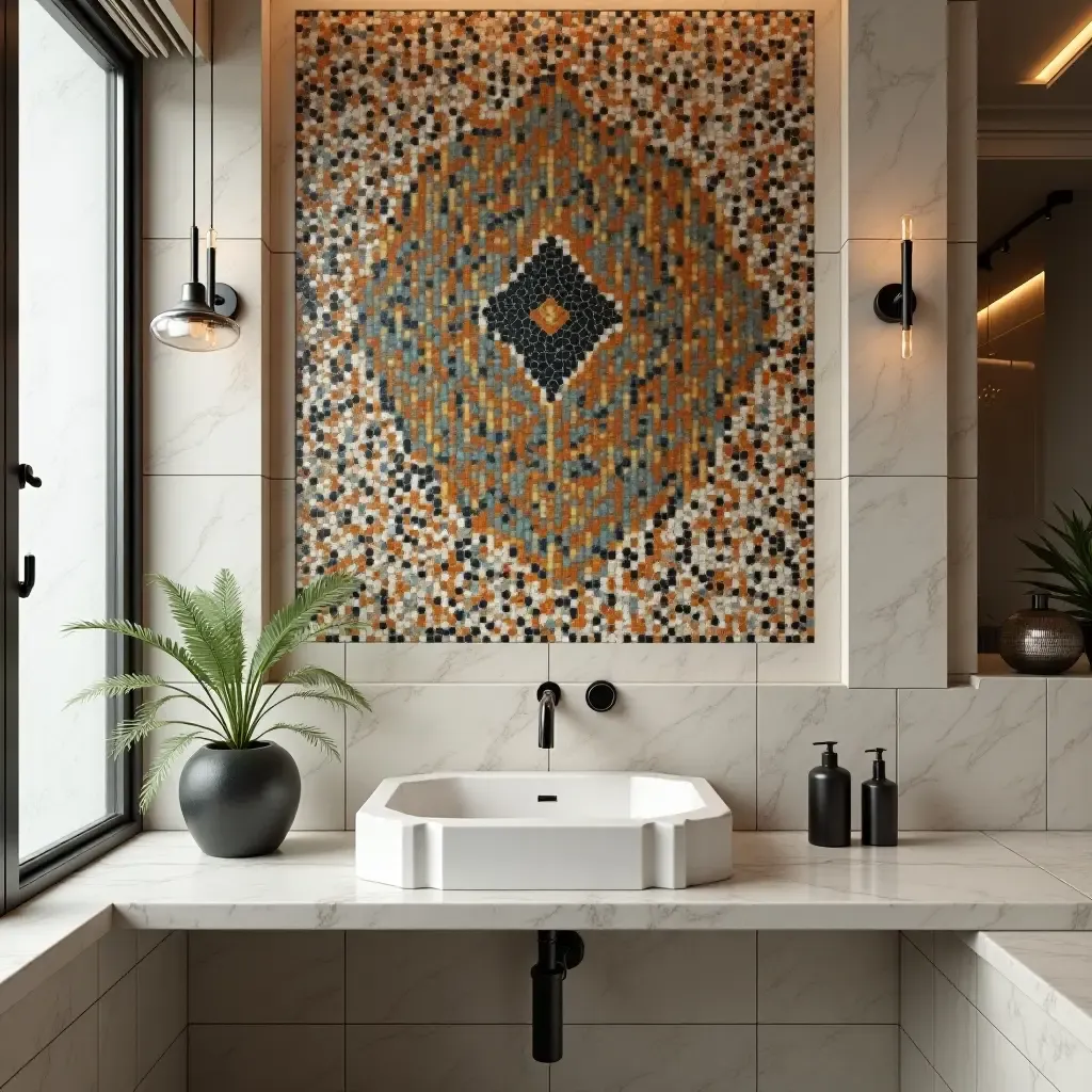 a photo of a mosaic tile art piece above the sink in a bathroom