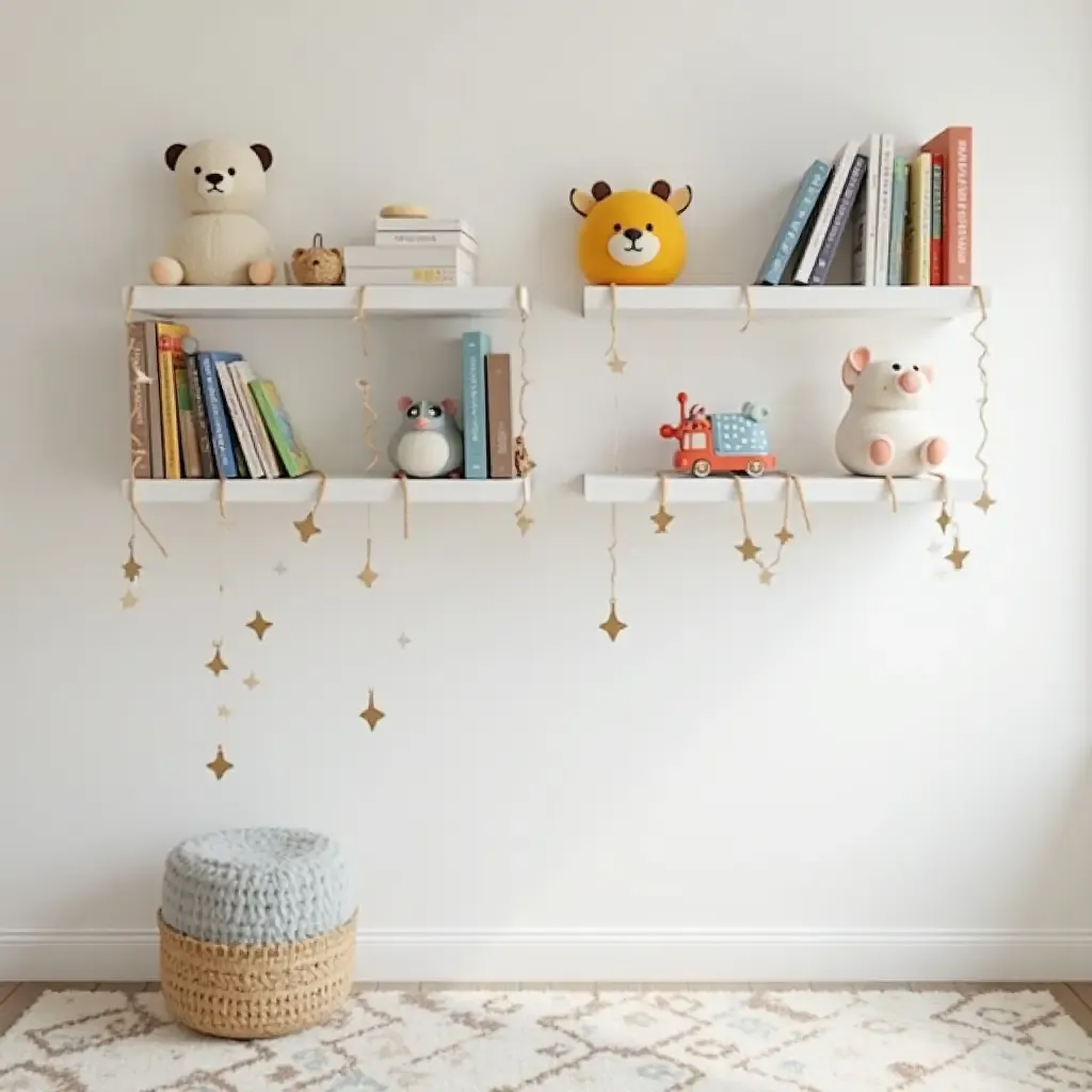 a photo of a nursery featuring wall-mounted shelves for books