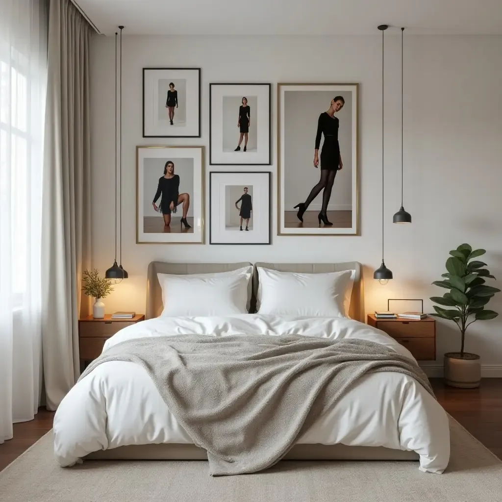 a photo of a stylish bedroom with a gallery wall of fashion photography