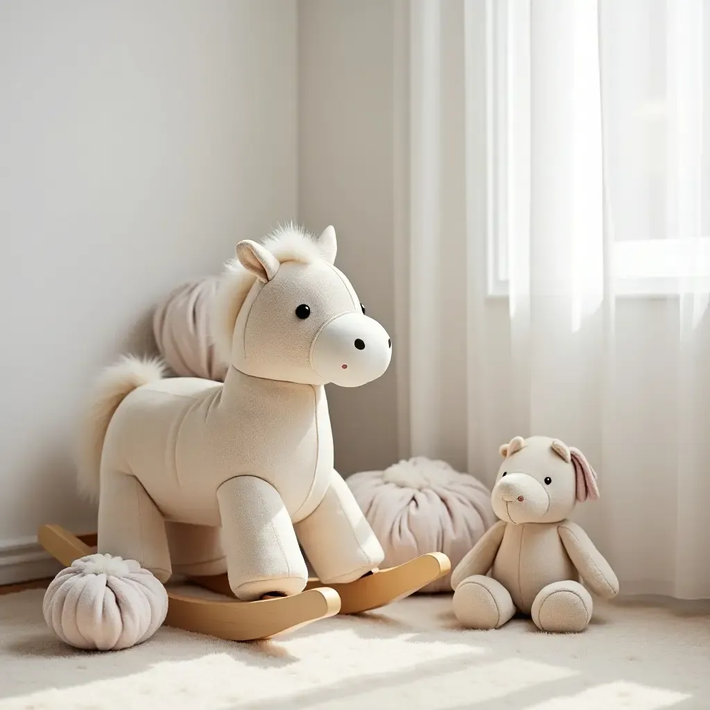 a photo of a nursery featuring a plush rocking horse and soft toys