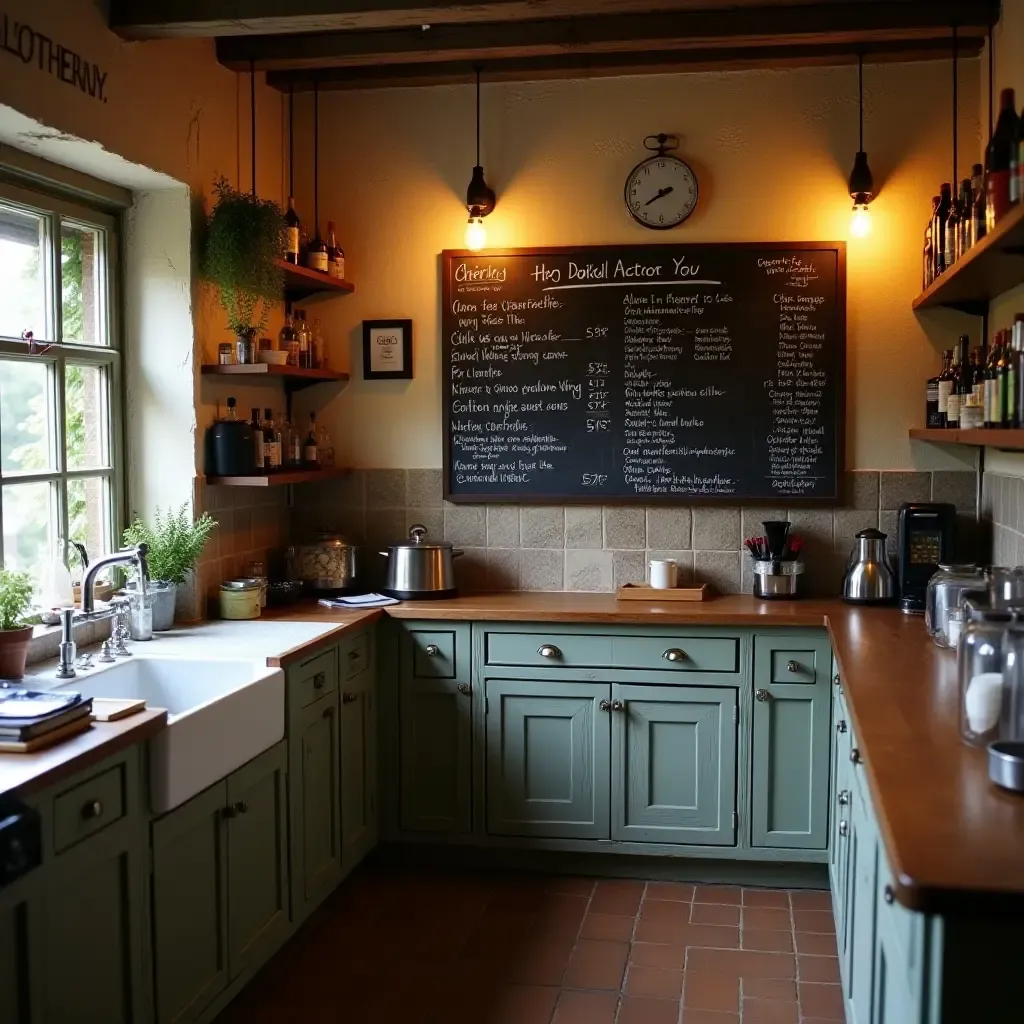 a photo of a quaint kitchen with a chalkboard menu on the wall