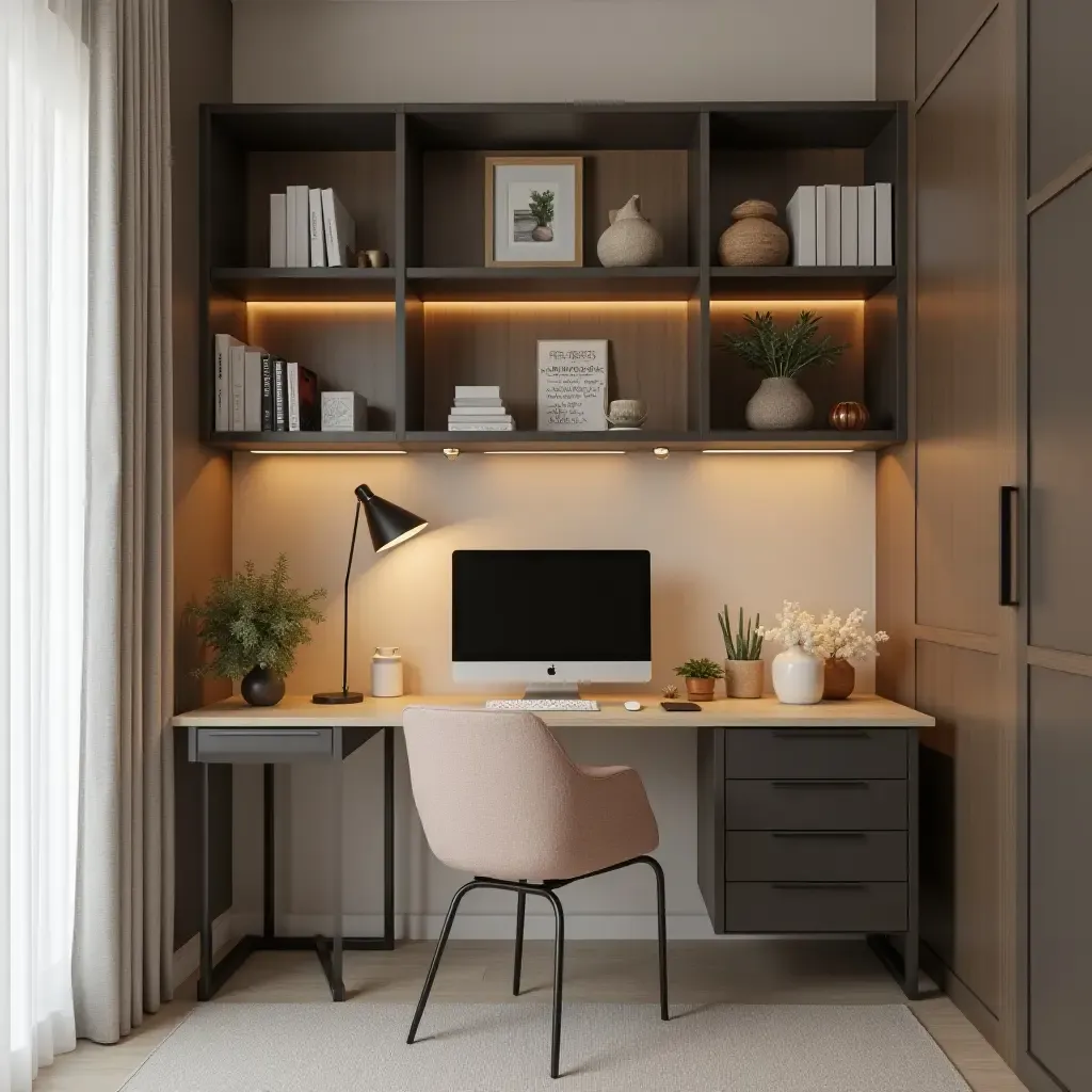 a photo of a corridor shelf with a functional workspace setup