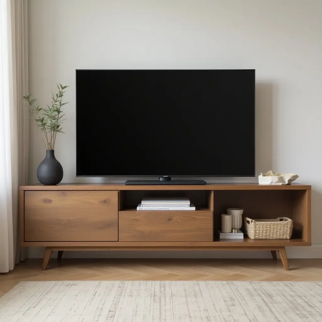 a photo of a corner TV setup with a sleek wooden cabinet and decorative items