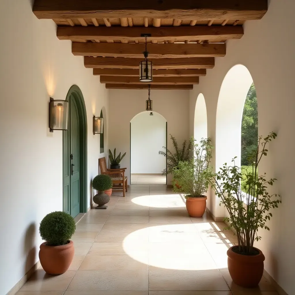 a photo of a charming hallway with exposed beams and terracotta pots