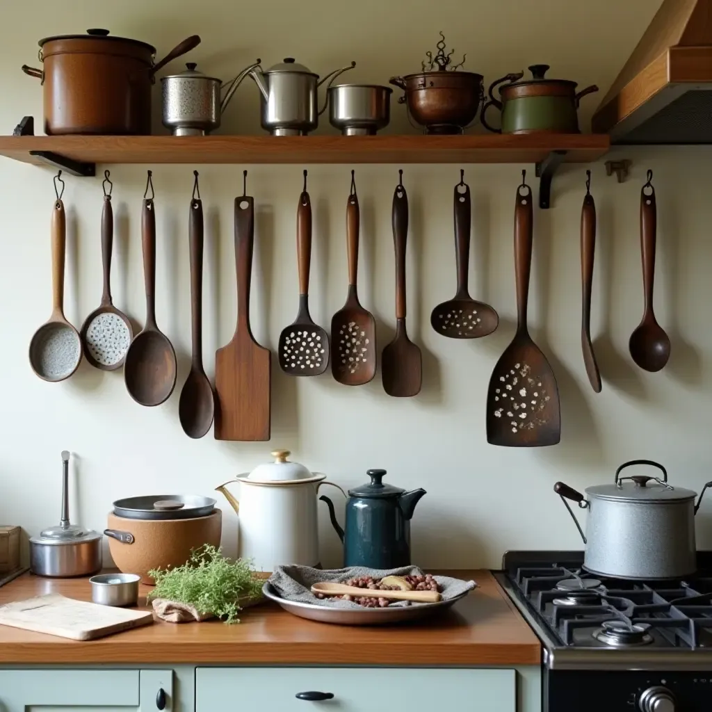 a photo of a kitchen featuring a collection of vintage kitchen tools