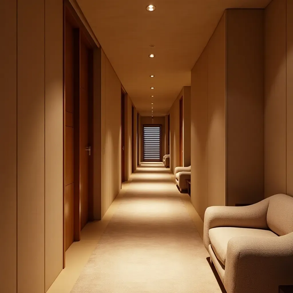 a photo of a cozy corridor featuring soft textiles and ambient lighting