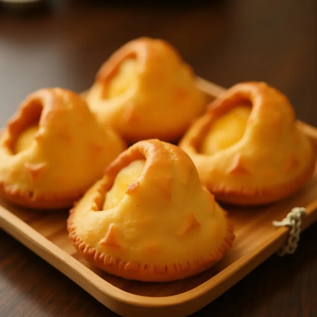 a photo of traditional Japanese taiyaki fish-shaped pastries filled with custard, on a bamboo tray.