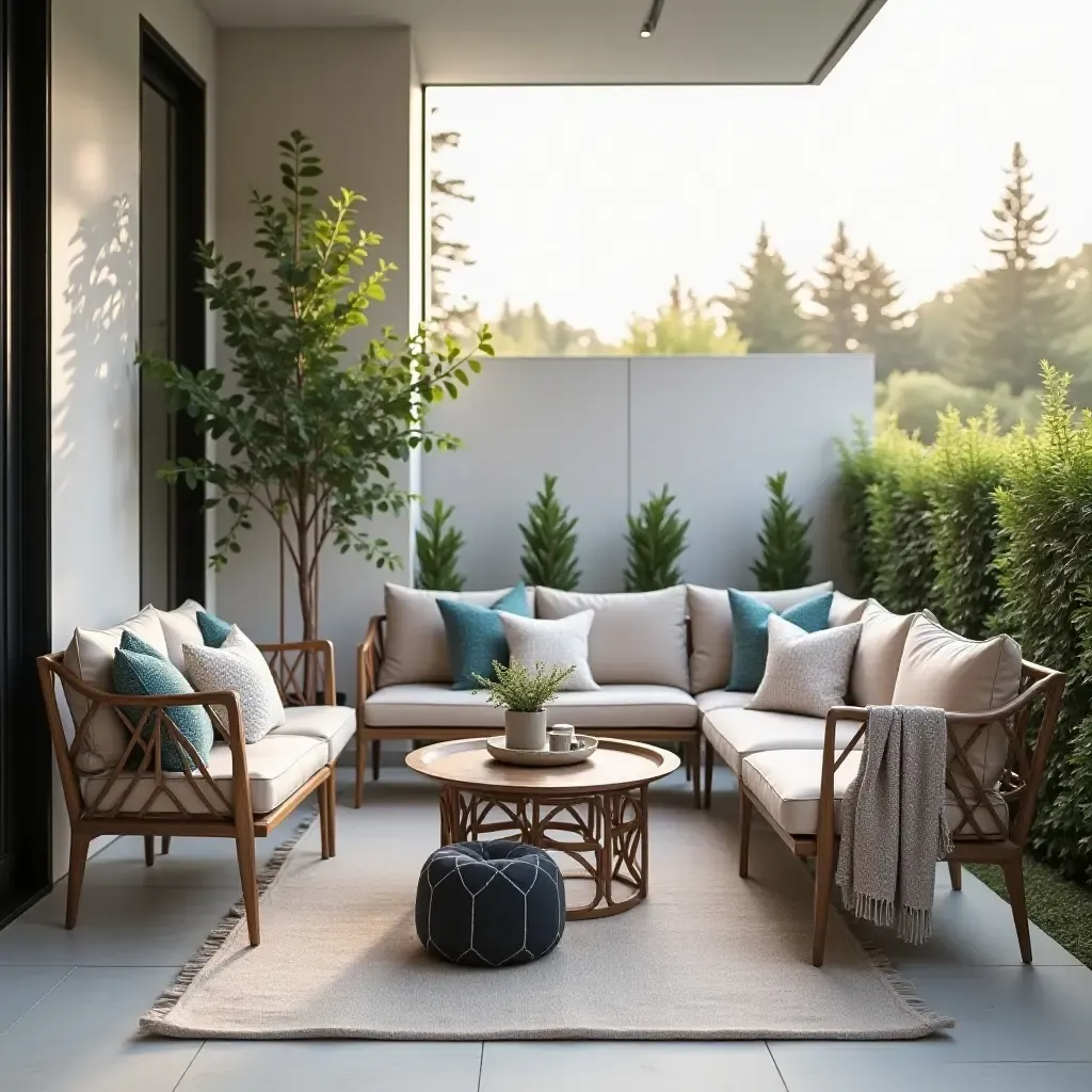 a photo of a modern balcony adorned with geometric throw pillows