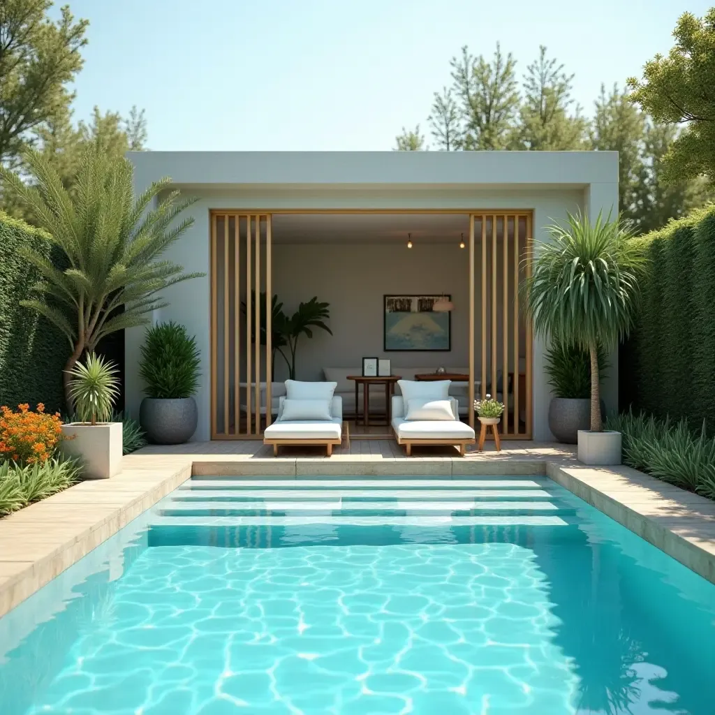 a photo of a modern pool area featuring sleek furniture and vibrant potted plants