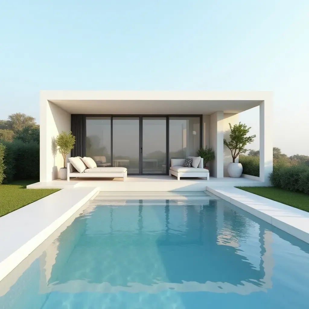 a photo of a sleek pool with a minimalist cabana and soft furnishings