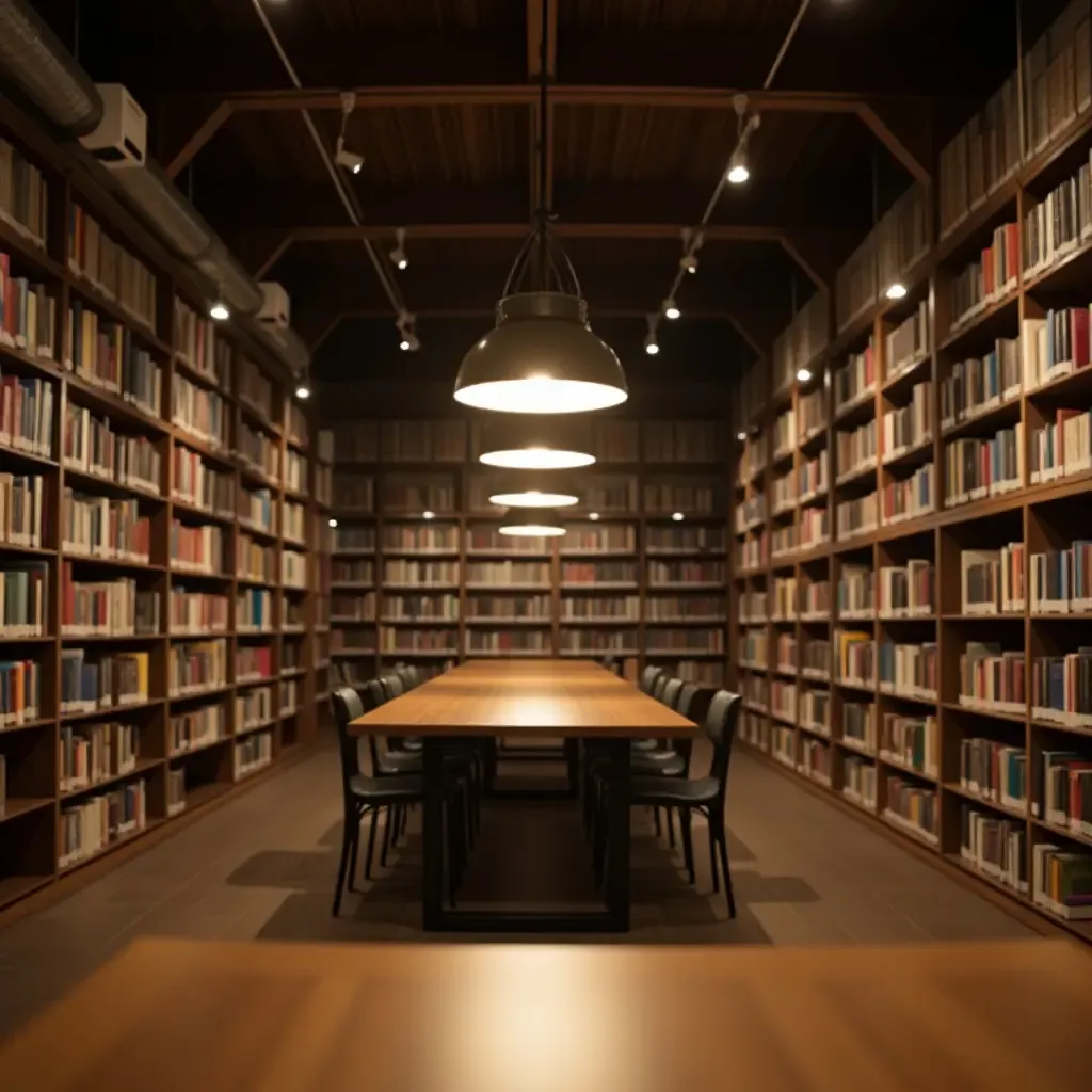 a photo of a library with pendant lights that provide task lighting