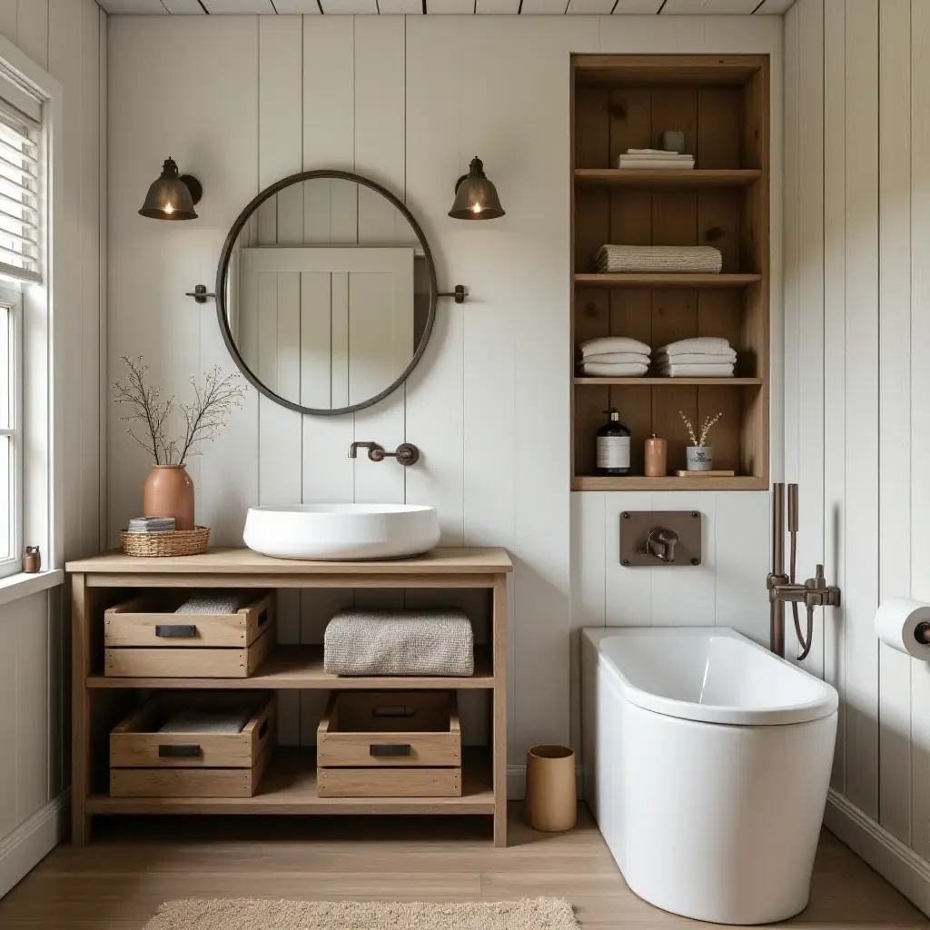 a photo of a rustic bathroom with wooden crates for storage