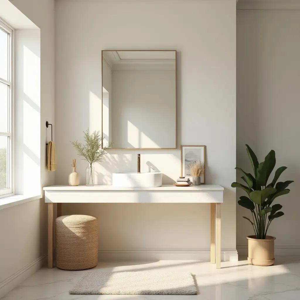 a photo of a serene vanity area with natural light and calming decor