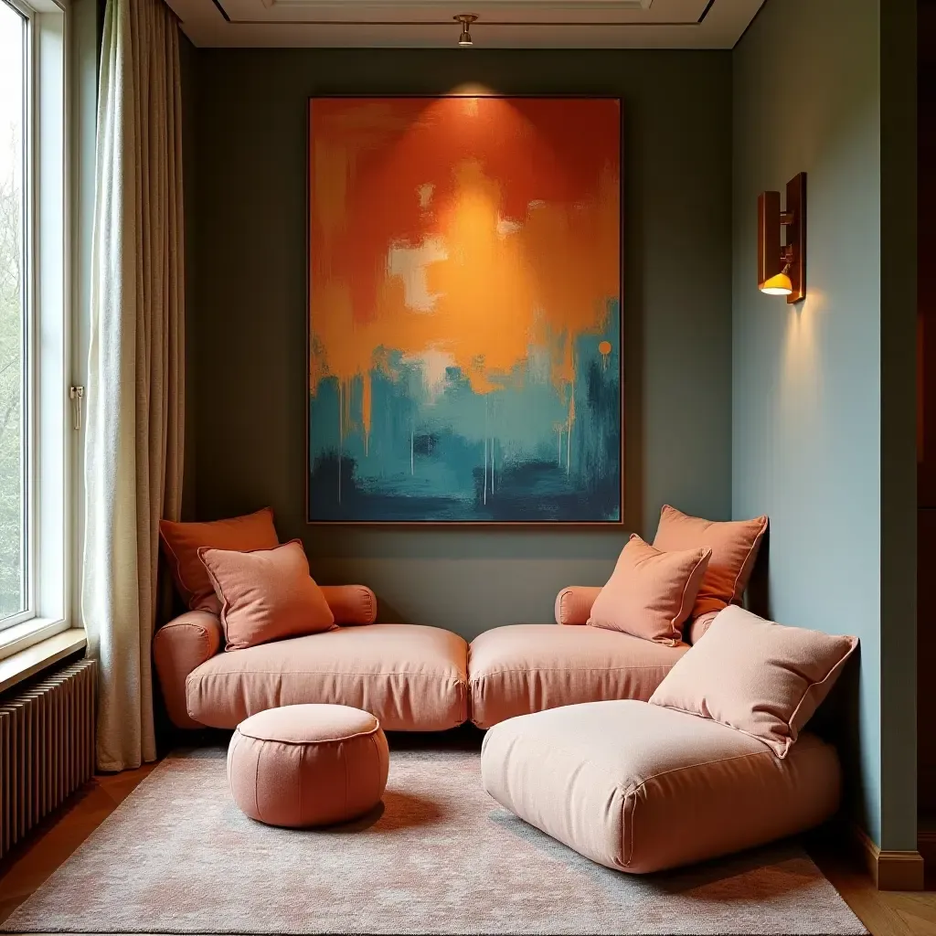 a photo of a cozy reading nook with oversized cushions and vibrant wall art