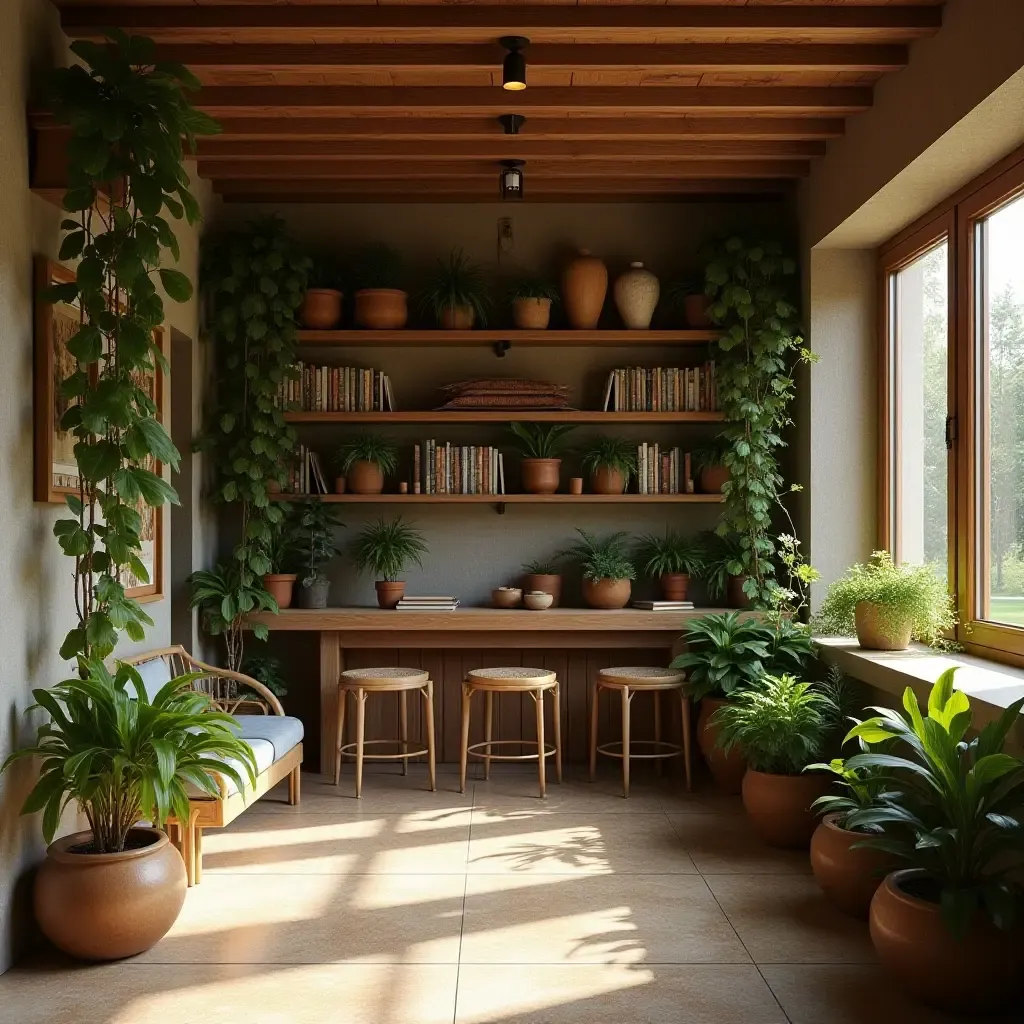 a photo of a rustic basement with wooden shelves and trailing plants