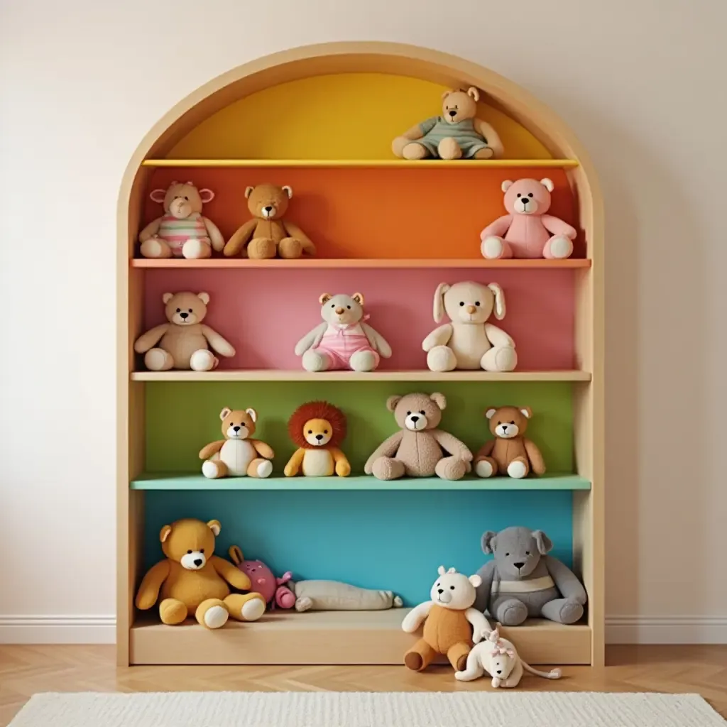 a photo of a rainbow-colored shelving unit displaying stuffed animals and toys