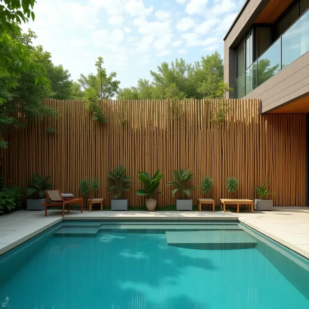 a photo of a bamboo wall creating privacy around a pool