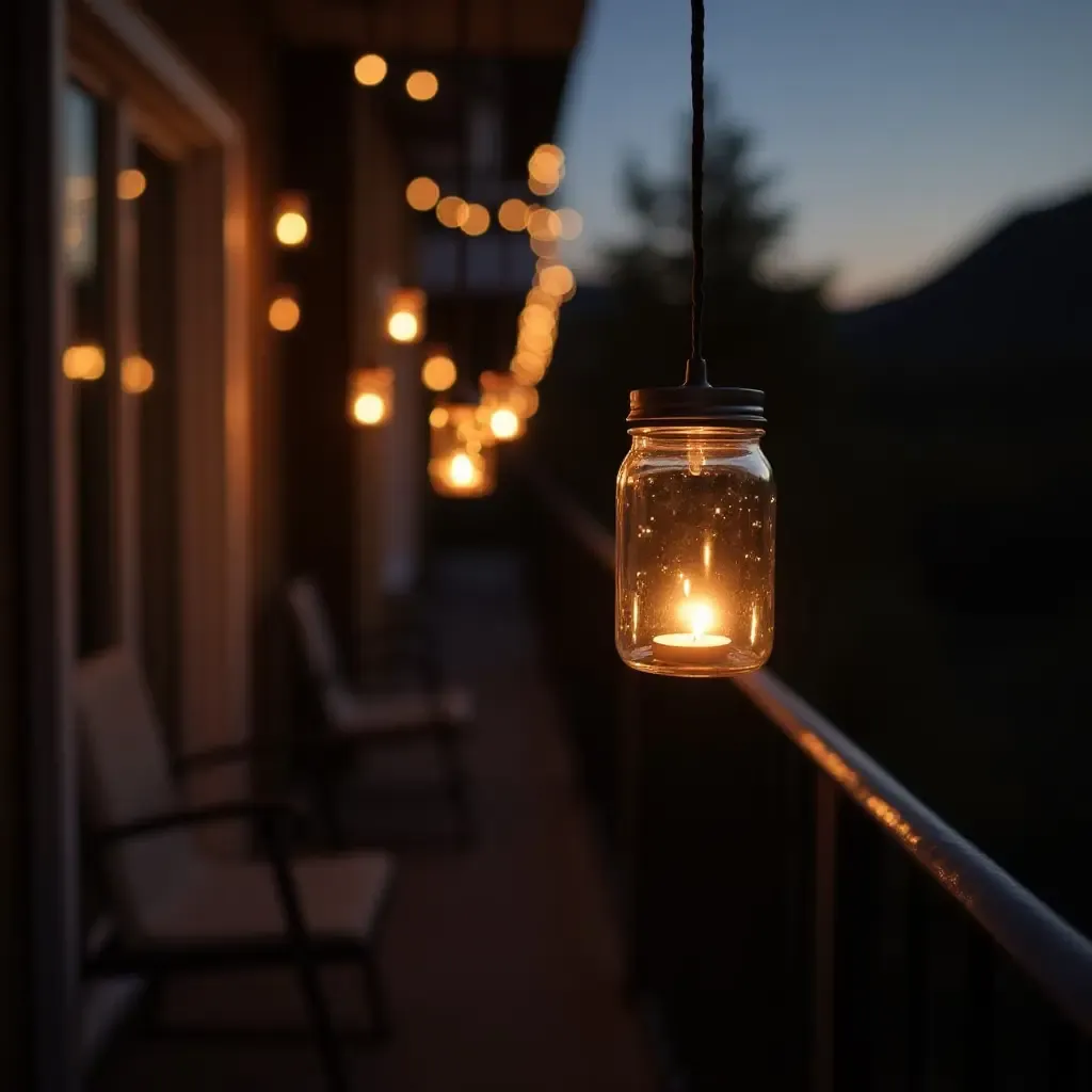 a photo of a balcony with hanging mason jar lights filled with candles