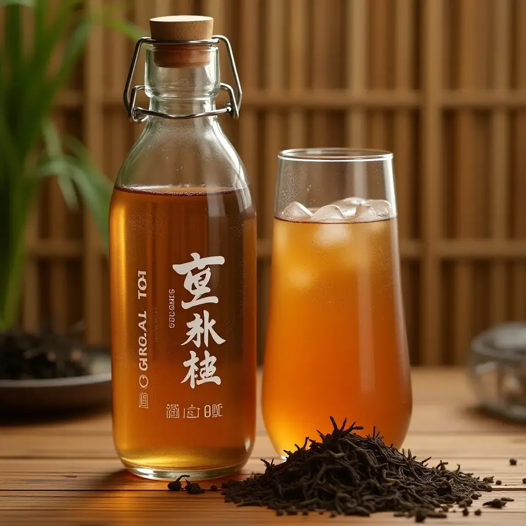 a photo of a bottle of Wanglaoji herbal tea, with condensation on the glass and a bamboo backdrop.