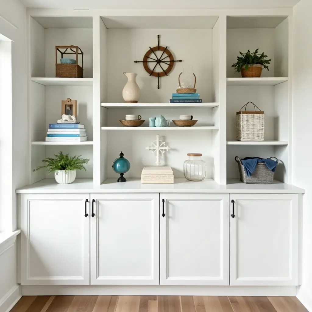 a photo of open shelving styled with a coastal theme and nautical elements