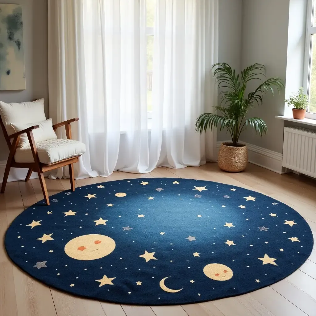 a photo of a celestial-themed rug with stars and moons in a dreamy room