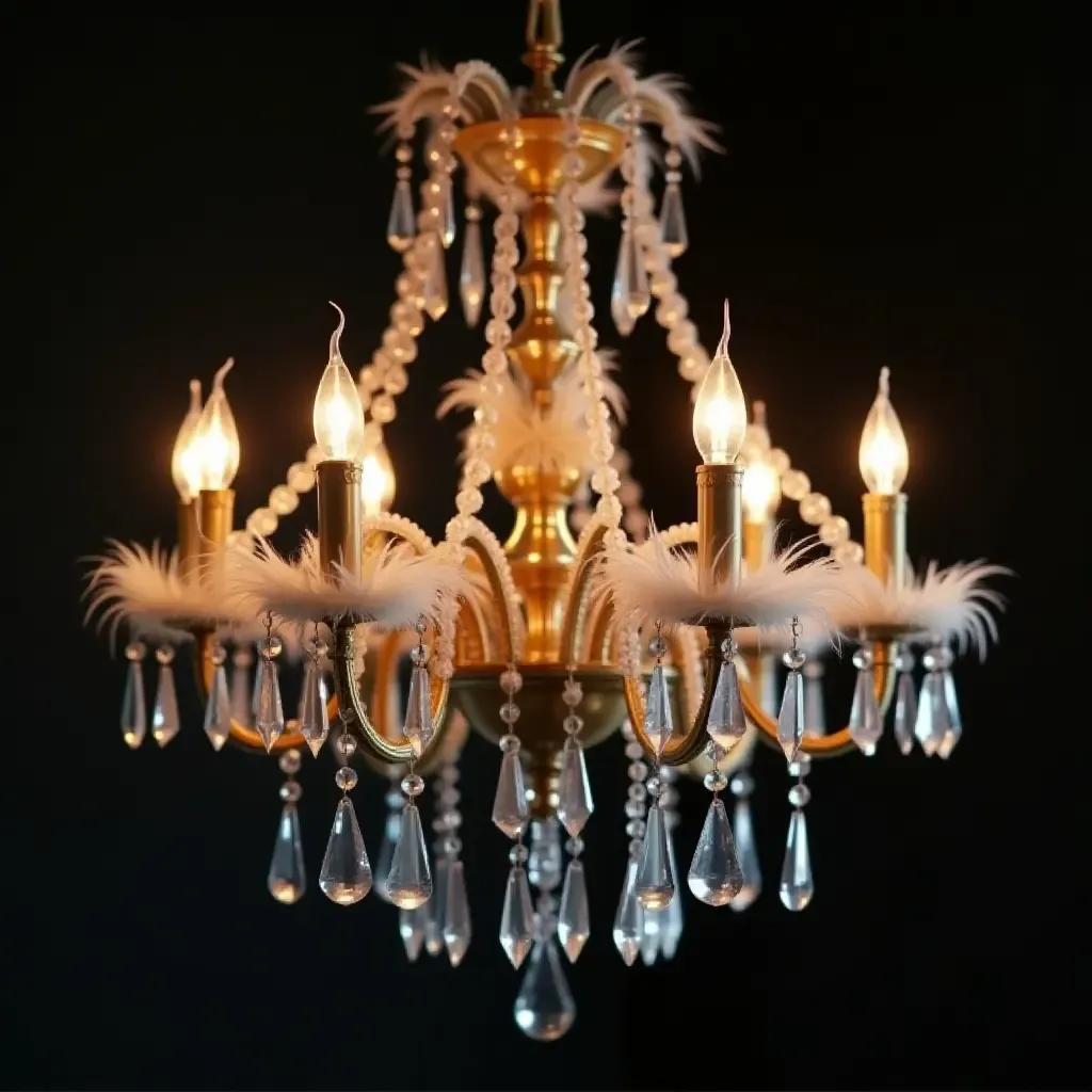 a photo of a vintage chandelier adorned with crystals and feathers