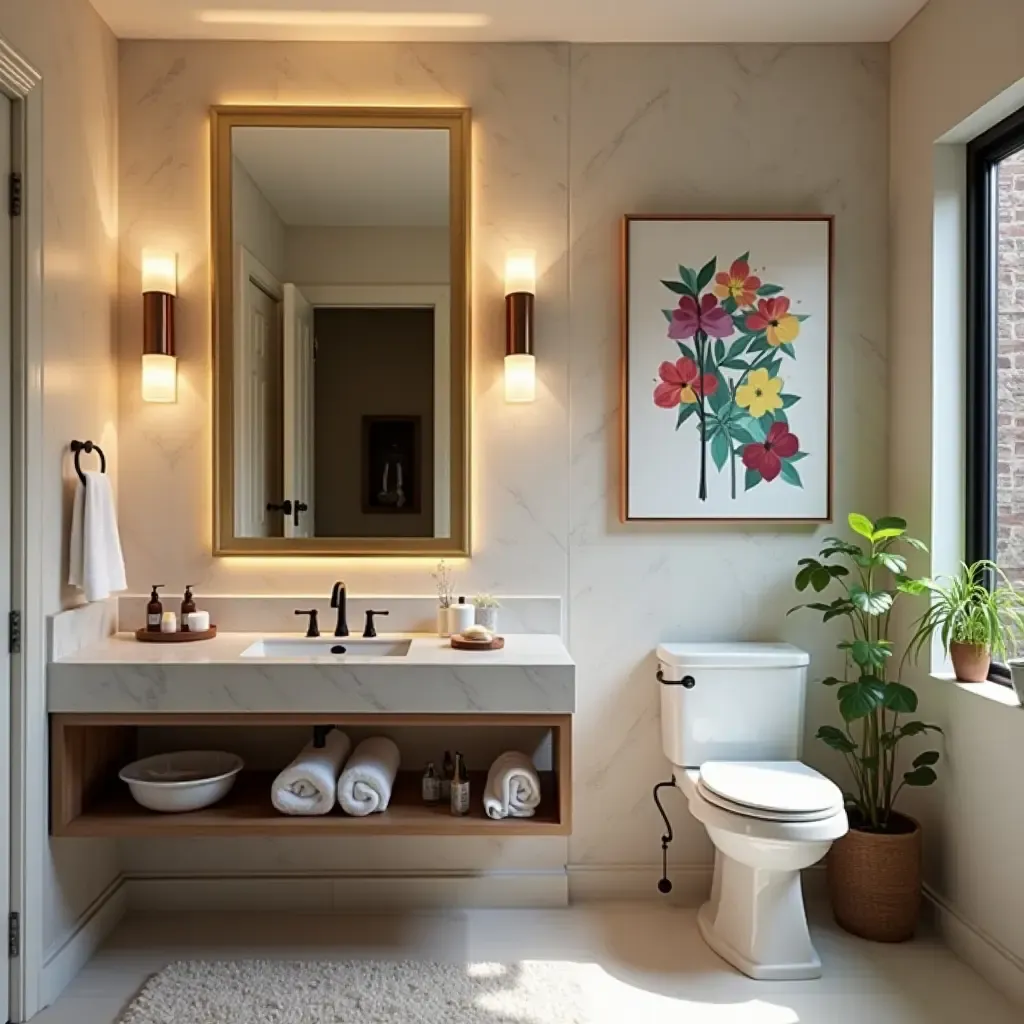 a photo of a trendy bathroom with a full-length mirror and colorful artwork