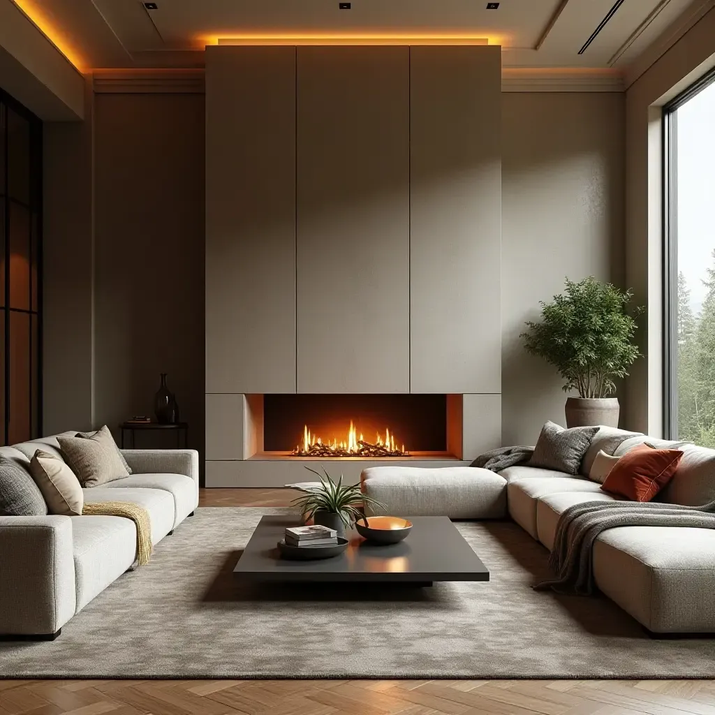 a photo of an eclectic living room featuring a sectional and a unique fireplace design