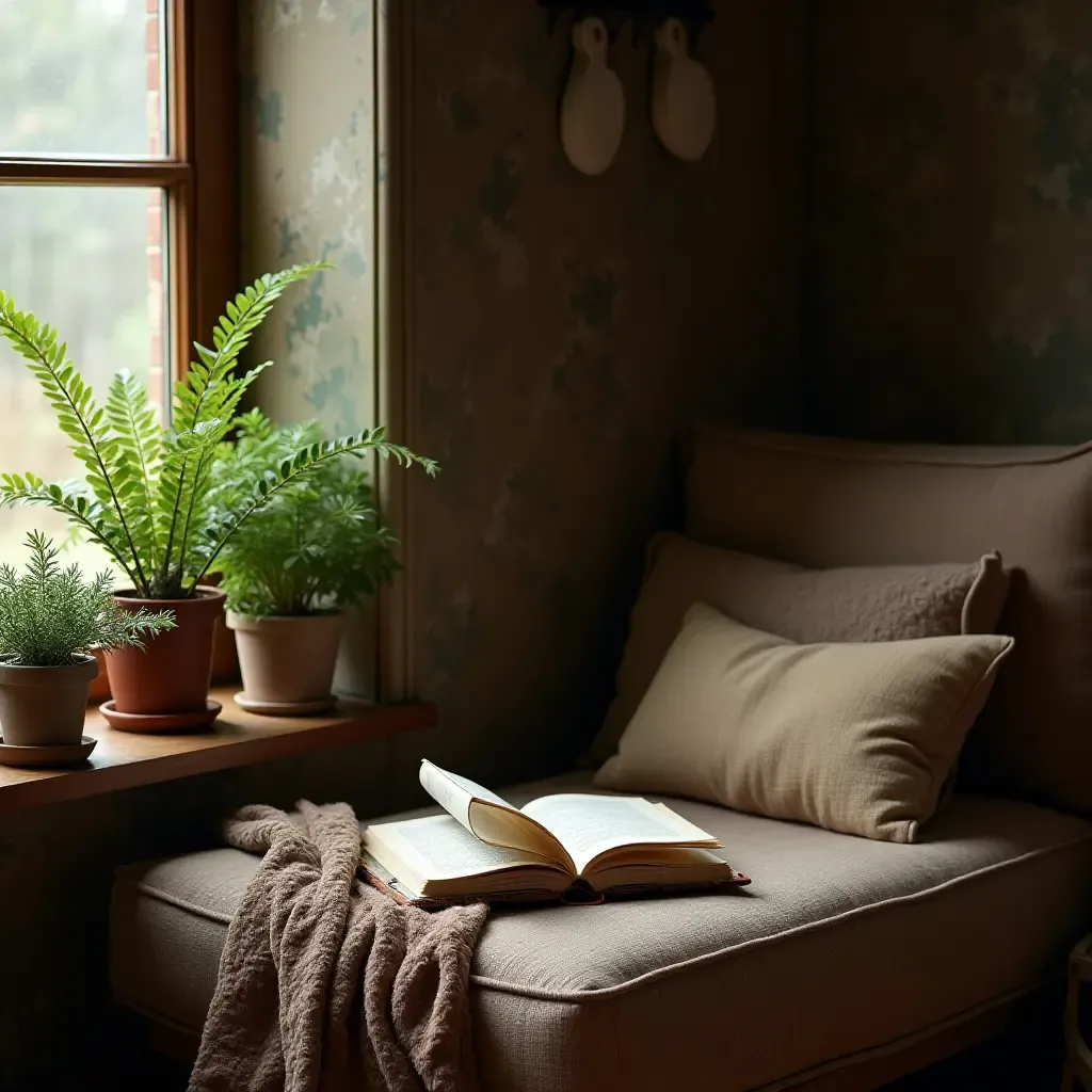 a photo of a cozy reading nook with mystical books and herbal plants