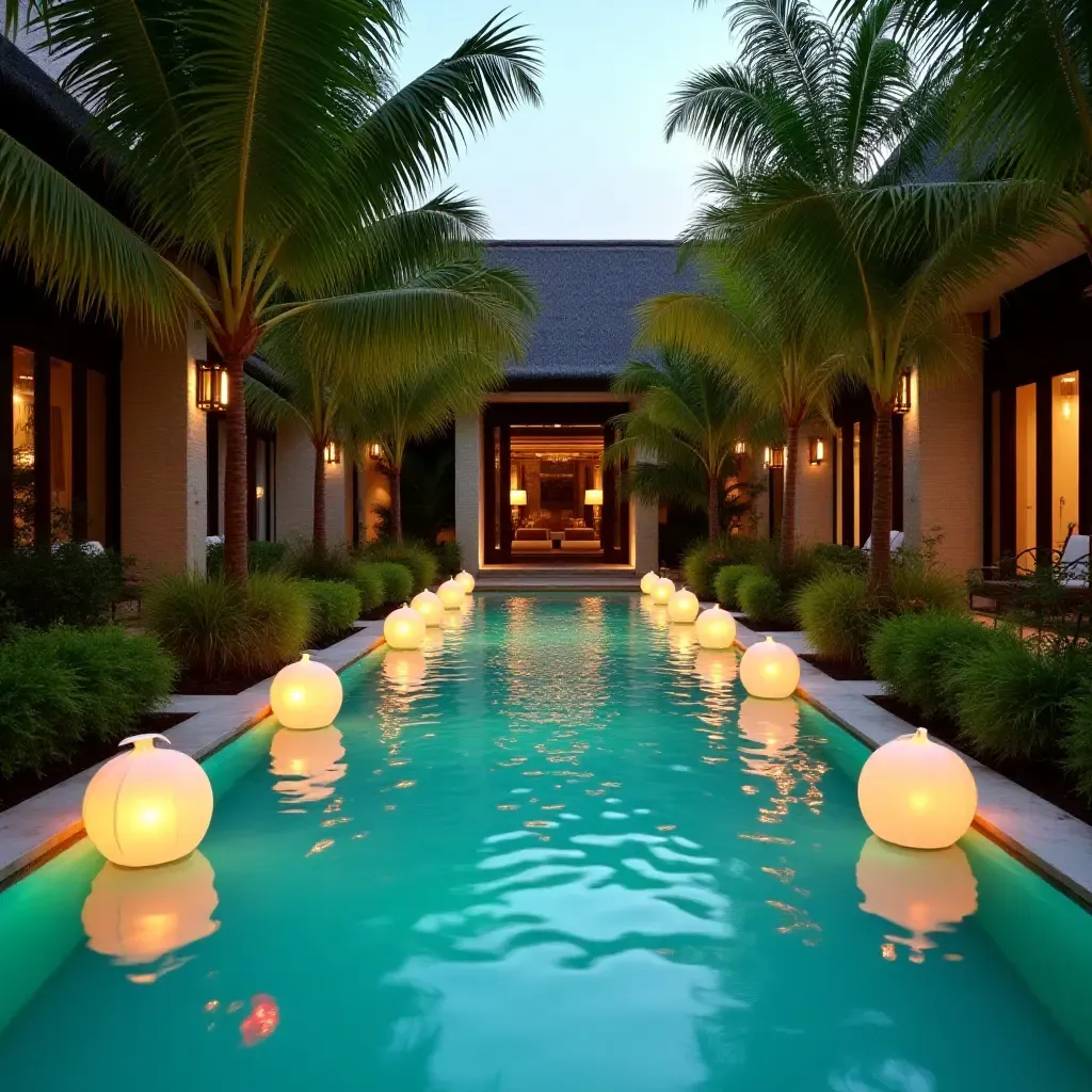 a photo of a vibrant pool area with floating lanterns and lush greenery