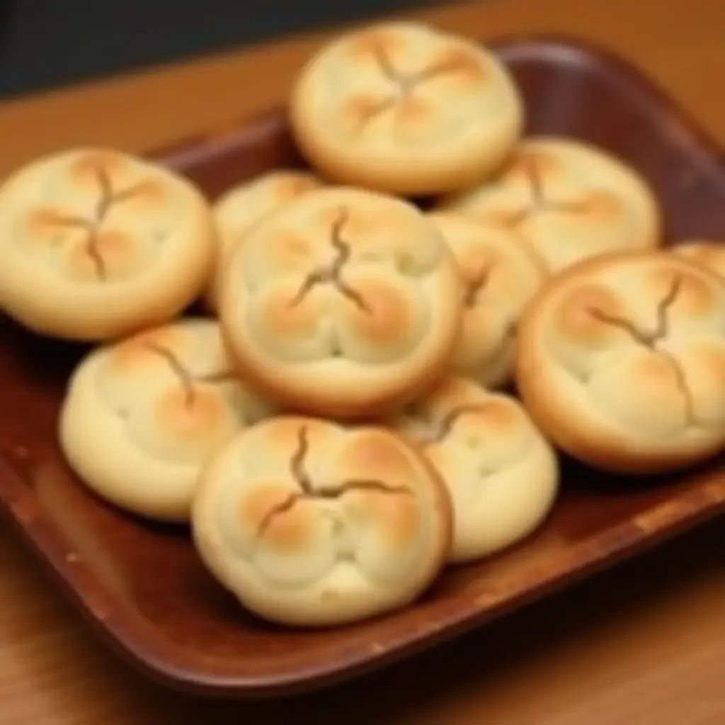 a photo of delicate Almond Cookies with cracked tops, arranged on a lacquered wooden tray.